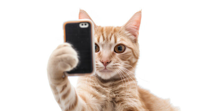 The cat takes a selfie on the phone.