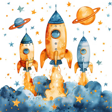 Watercolor cartoon illustration of spaceships and planets.