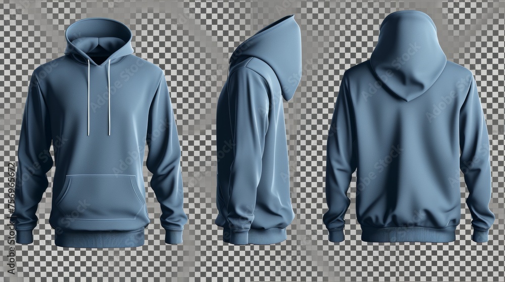 Wall mural Set of blue front and back view tee hoodie hoody sweatshirt on transparent background cutout, PNG file. Mockup template for artwork graphic design