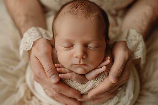 Professional Photography of a newborn cradled in their parent's hands, Generative AI