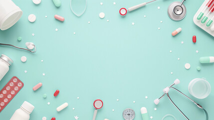 Banner with medical items, copyspace. Tablets and pills, stethoscope. Medicine and healthcare, pharmacy concept. Top view.