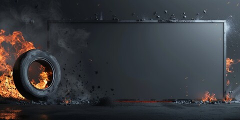 illustration of burning tires and poster frame on black background, design for advertising poster banner - obrazy, fototapety, plakaty