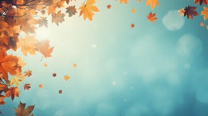 Fall themed Background, with falling Leaves against Blue Sky
