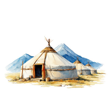 recommend clip art: Nomadic yurt camp in Mongolian steppes watercolor illustration, cute vector art clipart, camping trekking, travelling camp