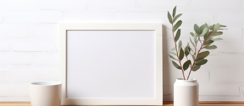 A rectangular picture frame sits on a wooden table next to a flowerpot with a houseplant. The wooden table is adorned with a plant in a vase
