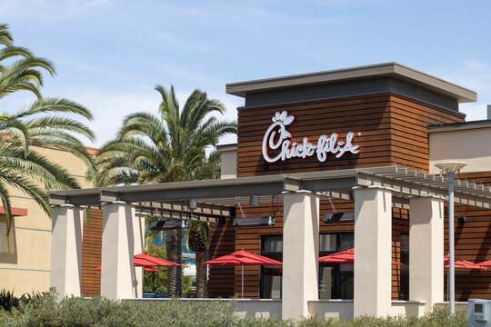 San Jose, CA, USA - Apr 29, 2022: Exterior view of a Chick-fil-A restaurant in San Jose, California. Chick-fil-A is an American fast food restaurant chain specializing in chicken sandwiches.