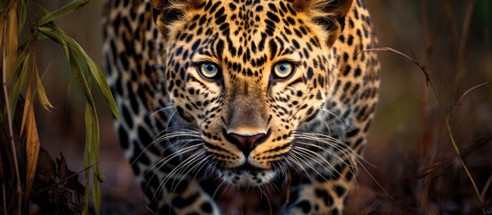 Close up of a Leopard, a Felidae organism and Carnivore, with whiskers and hair on its head, a member of the Big Cats family, like the Jaguar, standing in the grass looking at the camera - obrazy, fototapety, plakaty