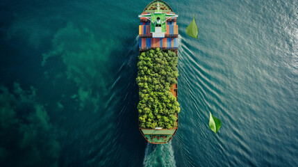 A ship decorated with green leaves symbolizes energy-efficient and sustainable use at sea.