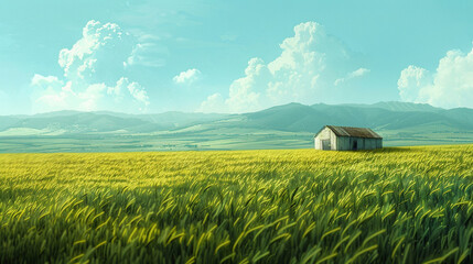 The green wheat field fills the entire picture  there is an earthen house in the distance