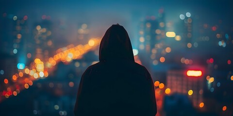 Mysterious figure in hood on city roof at night with blurred lights. Concept Night Photography, Urban Setting, Mystery Theme, Hooded Figure, Blurred City Lights