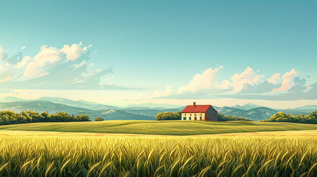 The green wheat field fills the entire picture  there is an earthen house in the distance