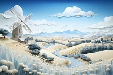 White mountain range with white windmill and beautifull nature in minimal design , paper cut out effect - Powered by Adobe