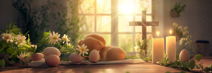 A table is festively set with typical Easter decorations and fresh flowers, spreading a happy atmosphere.