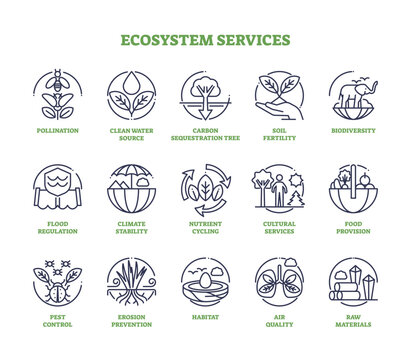 Ecosystem services as nature elements for human wellbeing outline icon collection. Labeled set with environmental and clean climate items for sustainable and green future vector illustration.