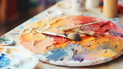 Naklejka na ściany i meble painting palette of Artist with brushes. Craft hobby background