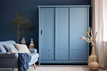 Modern living room with light blue wardrobe, cozy couch and chic home decorations