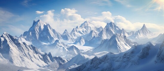 A stunning natural landscape featuring a snowy mountain range with a backdrop of a blue sky, fluffy white clouds, and rolling hills covered in snow - Powered by Adobe