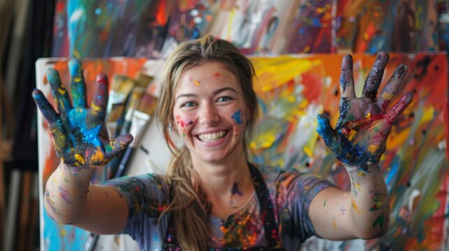 A woman with paint-splattered hands and a vibrant smile holds up a canvas, brimming with creative energy.
