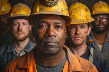 portrait of a group of miners in dirty work clothes and helmets