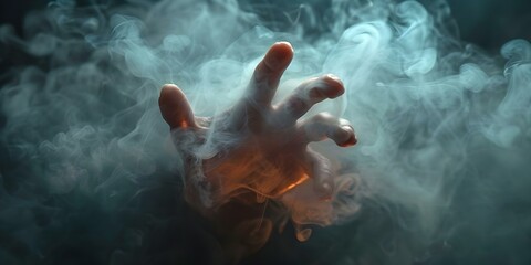 Emergence of Hand from Swirling Smoke in Dark Background. Concept Smoke Art, Hand Gestures, Dark Background, Creativity, Mysterious Aesthetics - obrazy, fototapety, plakaty