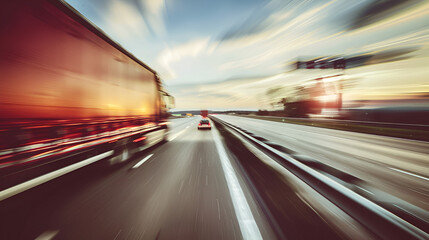 American Truck Speeding on Freeway, Blurred Motion Background of Urban Transportation, Highway Traffic Scene, Generative AI

