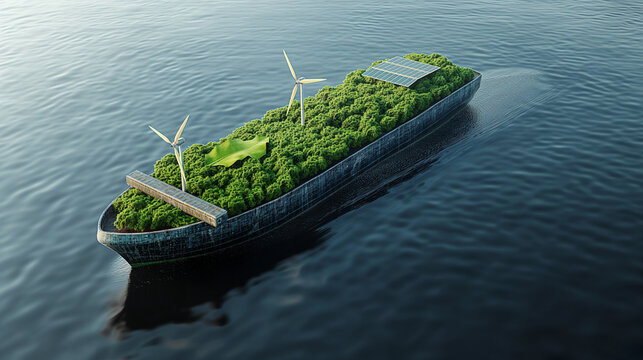 A ship decorated with green leaves symbolizes energy-efficient and sustainable use at sea.
