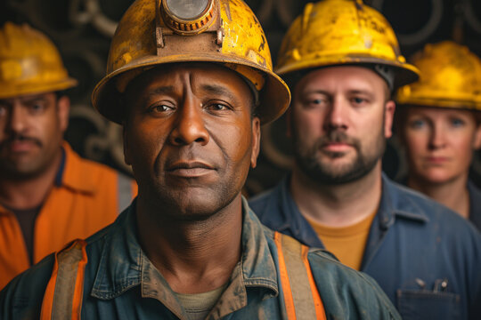 portrait of a group of miners in dirty work clothes and helmets