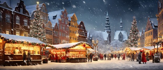 Christmas outdoor markets in streets of night city.