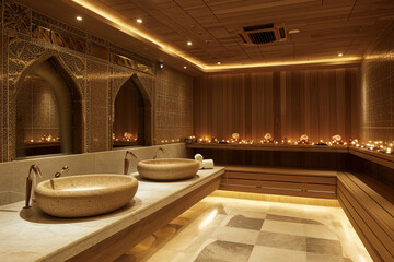 The traditional Turkish hammam experience, with a focus on the wooden scrubbing and massage area, featuring characteristic round basins and authentic - obrazy, fototapety, plakaty