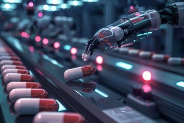 Create an image of a futuristic pill manufacturing facility with robotic arms assembling pills in a clean, sterile environment, conveying advanced technology and automation in a futuristic style. - obrazy, fototapety, plakaty