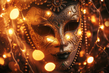 An ornate carnival mask with intricate metallic detailing, surrounded by strings of shimmering beads and illuminated by the warm glow of party lights.