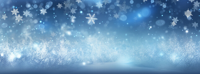 Snowflakes Falling on Blue Background, Winter Landscape