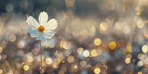 Fotobehang A single white cosmos flower with a vibrant, bokeh light background, conveying serenity and simplicity. © tashechka