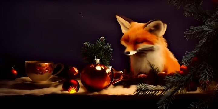 card greeting winter baubles and light with tree christmas tea hot a drinks and table a on sitting Fox