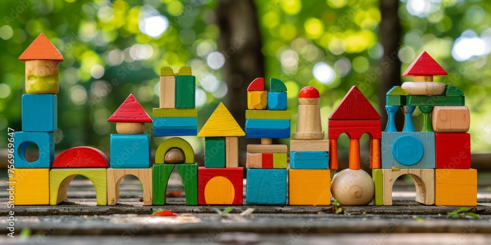 Poster a playful array of multicolored wooden blocks creatively arranged, embodying childhood joy.