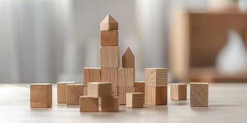 An arrangement of wooden building blocks carefully stacked, symbolizing order and structure.