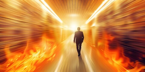 A silhouette of a businessman confidently walking down a corridor with walls of fire and a bright light ahead.