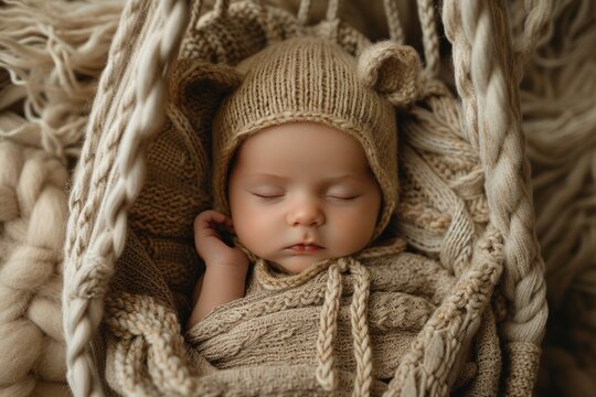 Professional Photography of a newborn snuggled in a cozy knit cocoon, Generative AI