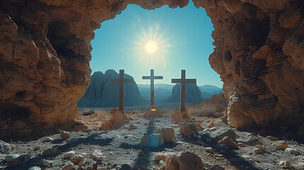 View of the three crosses on Golgotha from the side of the Holy Sepulchre at sunrise.	 - obrazy, fototapety, plakaty