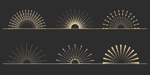 Sunburst. Set of light rays, sunbeams, and solar rays. Design elements, linear drawing, vintage hipster style. Set light rays, sunbeams of different sizes and intensities against a light background. - obrazy, fototapety, plakaty