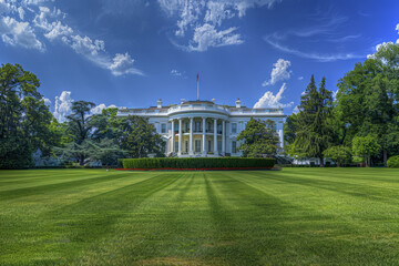 The White House surrounded by a picturesque landscape and a clear sky.