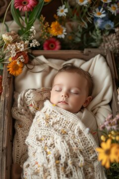 Professional Photography of a newborn swaddled in a cozy knit blanket, Generative AI
