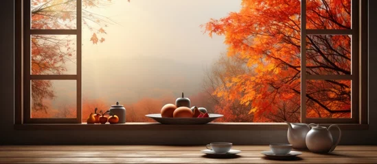 Foto op Canvas A wooden table with a cup of coffee on it, set in front of a window displaying autumn leaves. The scene captures the peaceful essence of fall with a cozy atmosphere © TheWaterMeloonProjec