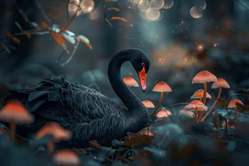 Foto auf Glas A black swan nests among bioluminescent mushrooms in a mystical forest glade, with ethereal light casting an enchanting glow on its sleek plumage. © mihrzn