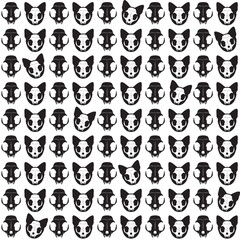 Seamless cat skull background. Black and white pattern with a feline skull and silhouettes of feline heads. Halloween. Vector illustration isolated on a white background for design and web.