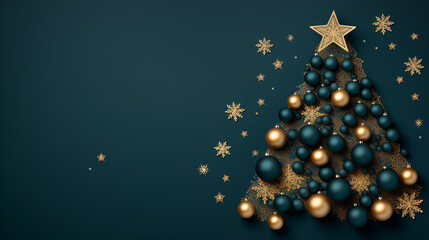 Stylized Christmas Tree and Golden Stars on Dark Green Graphic Background. free space for text