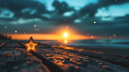 Ein gelber Stern aus Glas steht auf einem Holztisch bei Sonnenaufgang oder Sonnenuntergang und leuchtet durch die Sonnenstrahlen - obrazy, fototapety, plakaty