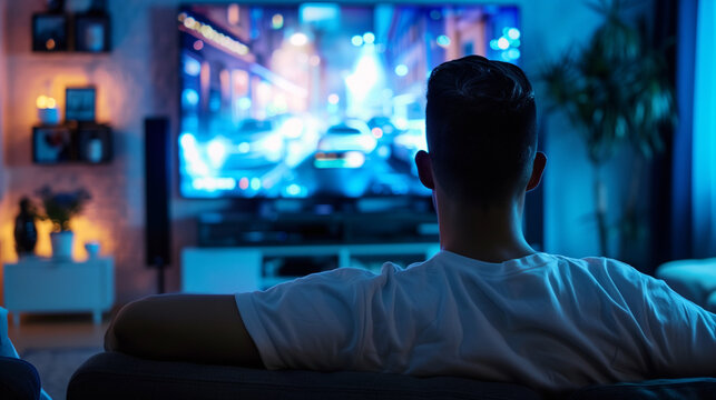 Junger Mann sitzt auf seiner Couch im Wohnzimmer und schaut Fernsehen alles in Blau gehalten