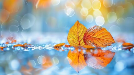 A solitary orange autumn leaf on a reflective wet surface, surrounded by soft bokeh light effects.