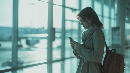 A young woman sits with a phone in her hands in the airport with a suitcase. - obrazy, fototapety, plakaty